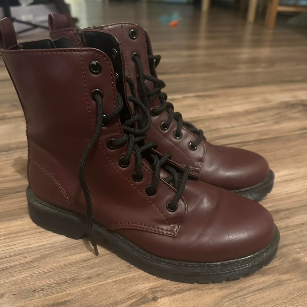 Burgundy Lace-Up Combat Boots